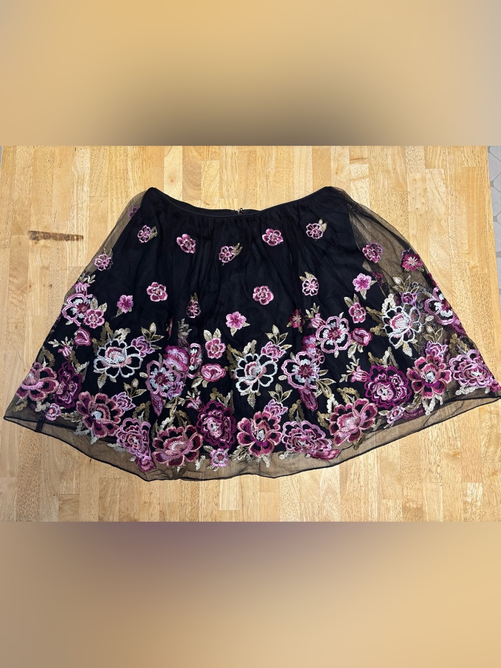EUC City Studio Black Tulle Mini Skirt Pink Floral Embroidered Party Skirt
